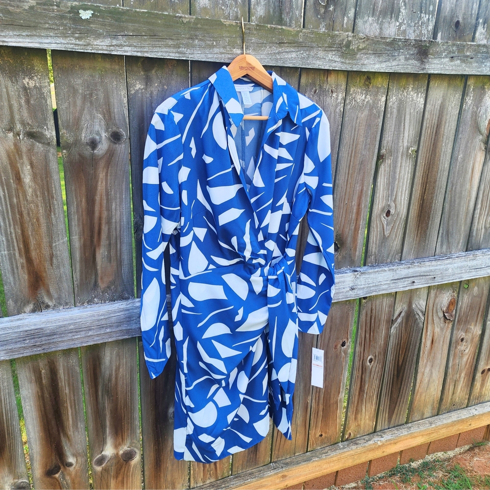 London Times Blue and White Long Sleeve Faux Wrap Dress, Size 12 - Picture 6 of 12